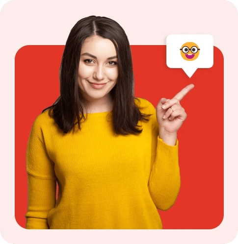 Woman in a yellow top pointing, with a smiling speech bubble