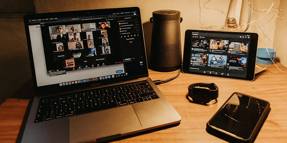 Laptop and devices set up for video editing