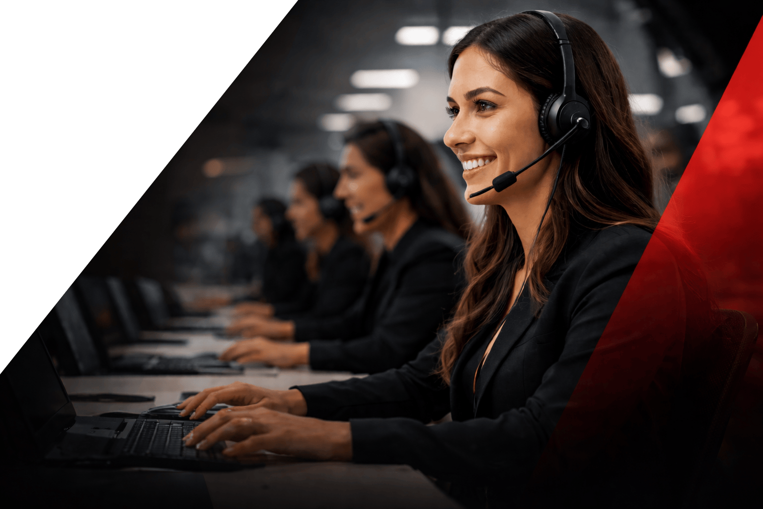 Call center agents wearing headsets working at their desks