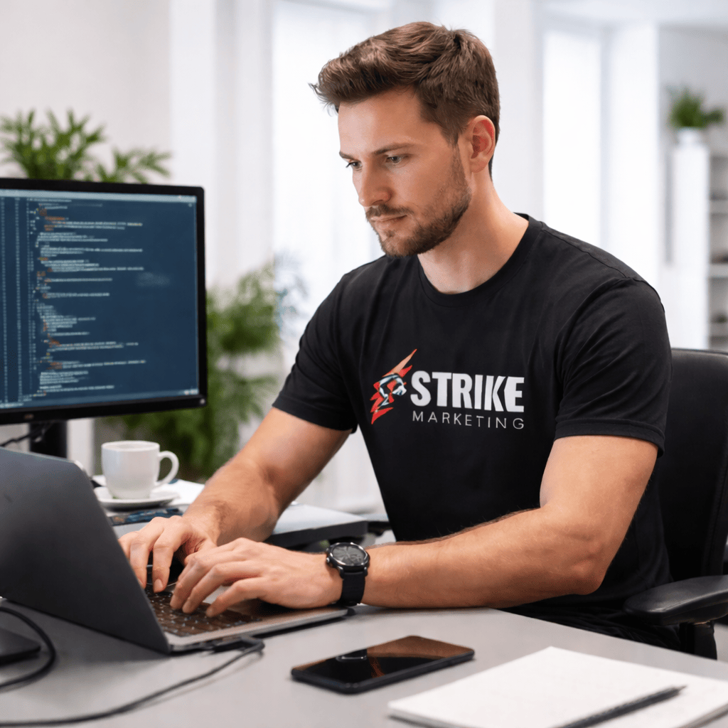 Developer wearing a Strike Marketing shirt working at a dual-monitor desk
