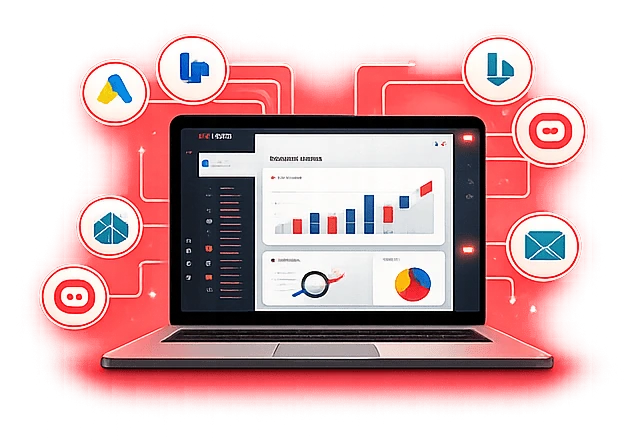 Laptop dashboard surrounded by ad platform icons
