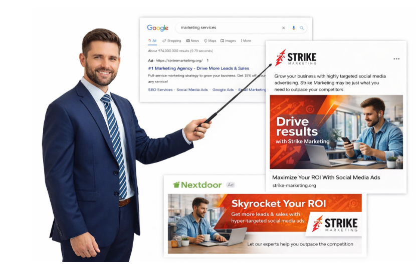 Marketing consultant presenting Google and Nextdoor ad mockups for Strike Marketing