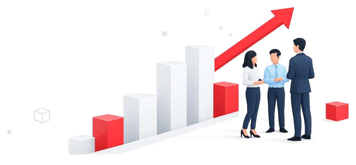 Illustration of a growth chart with a team celebrating rising results
