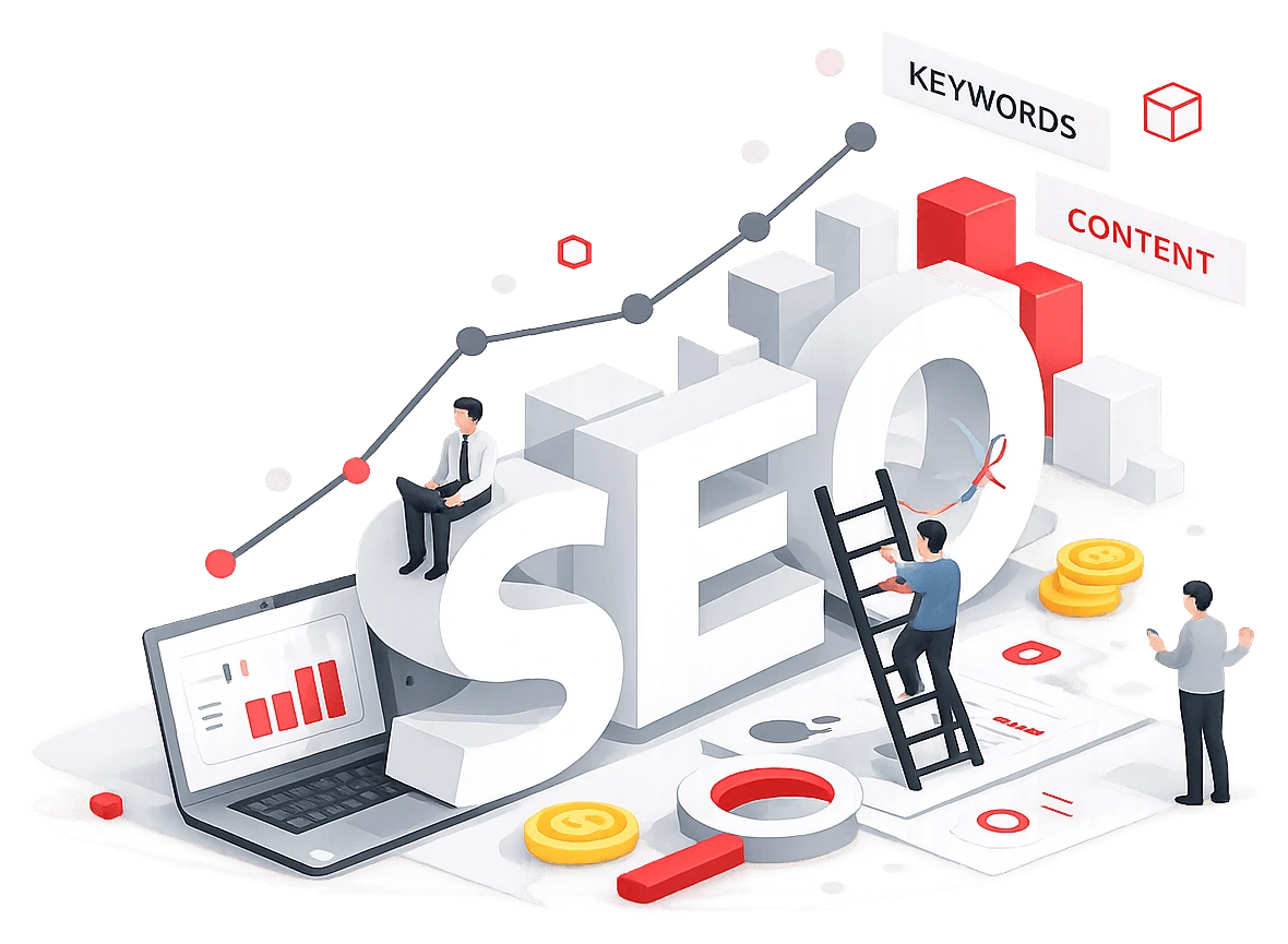 Illustration of an SEO strategist analyzing keyword and content growth charts