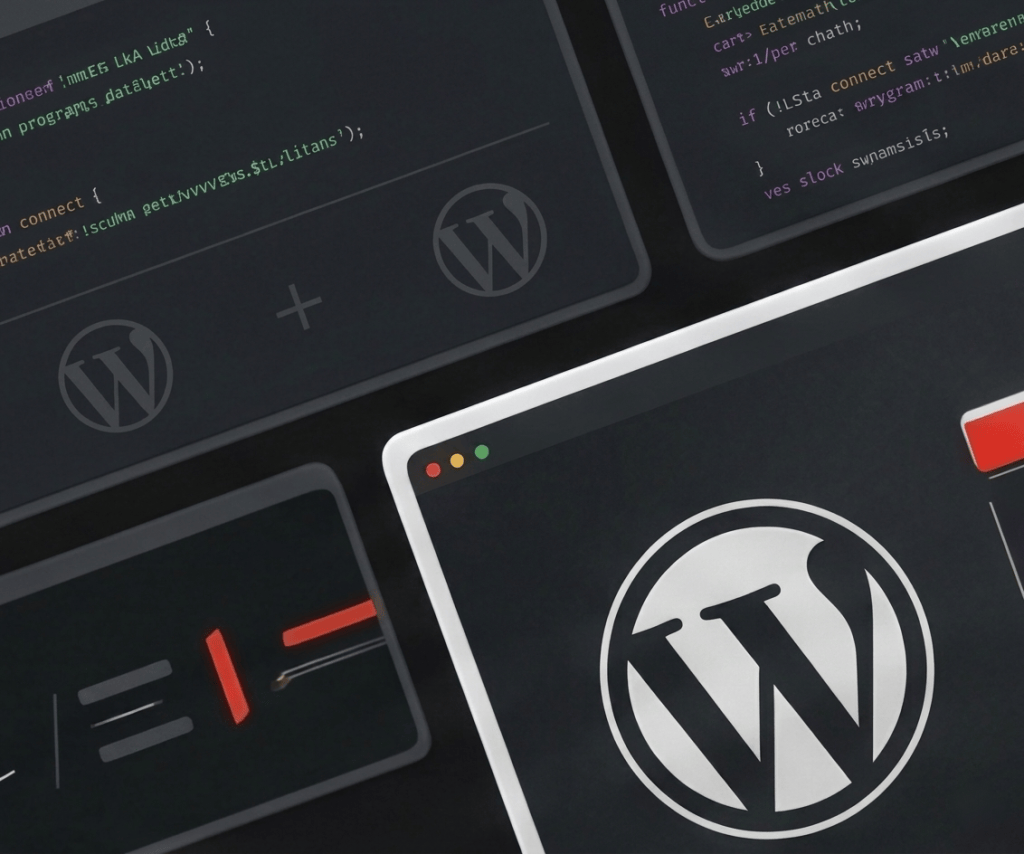 Close-up of code and the WordPress logo on dark browser windows